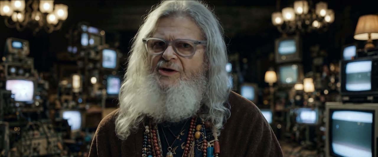 Gustavo Santaolalla como el consejero, entre televisores encendidos